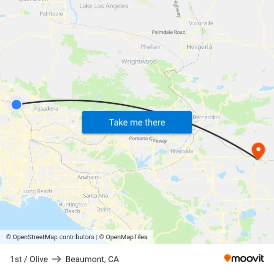 1st / Olive to Beaumont, CA map