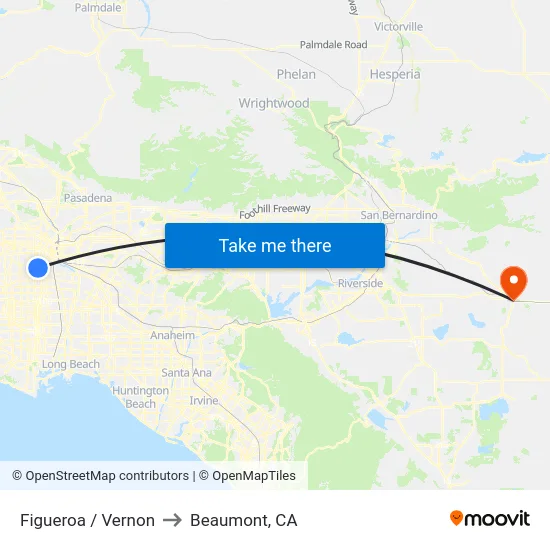 Figueroa / Vernon to Beaumont, CA map