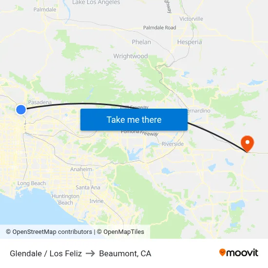 Glendale / Los Feliz to Beaumont, CA map
