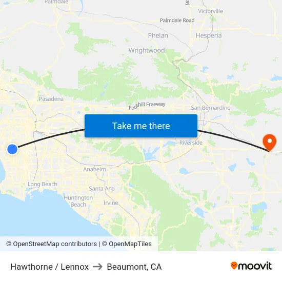 Hawthorne / Lennox to Beaumont, CA map