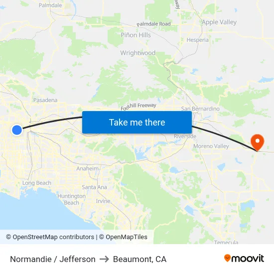 Normandie / Jefferson to Beaumont, CA map