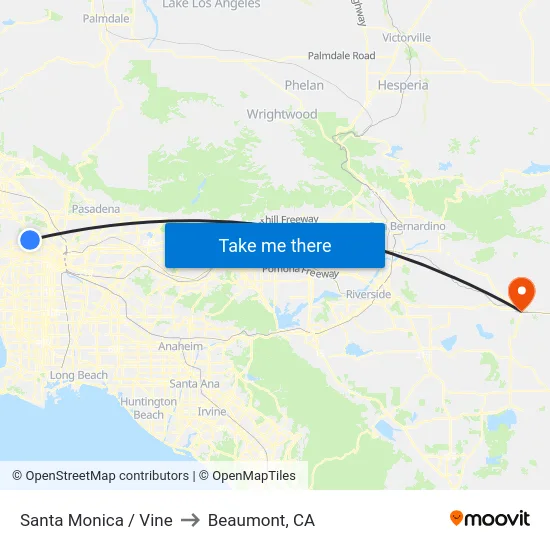 Santa Monica / Vine to Beaumont, CA map