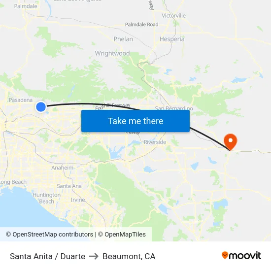 Santa Anita / Duarte to Beaumont, CA map