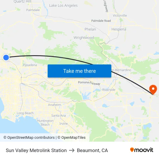 Sun Valley Metrolink Station to Beaumont, CA map