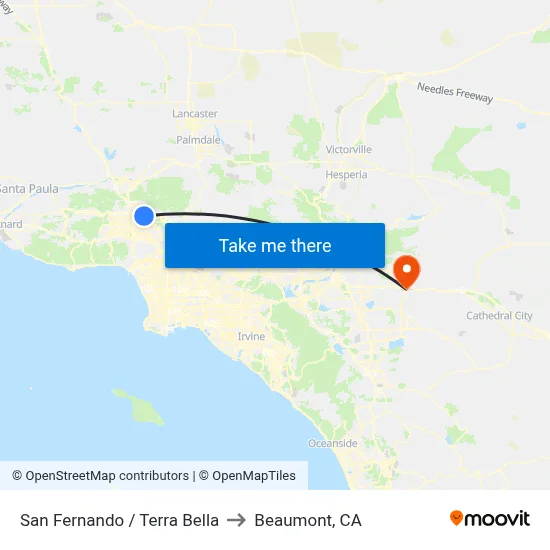 San Fernando / Terra Bella to Beaumont, CA map