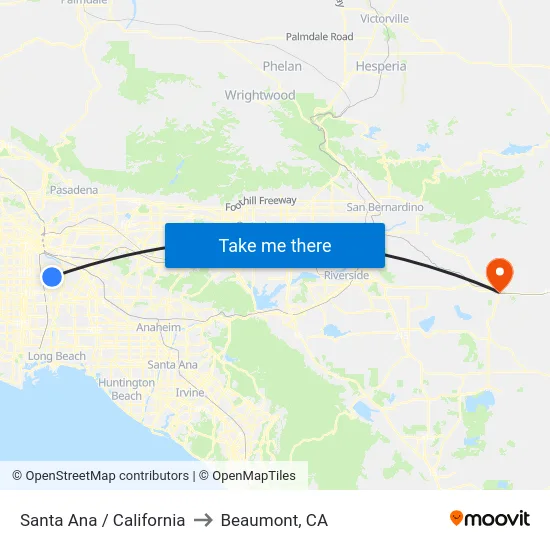 Santa Ana / California to Beaumont, CA map