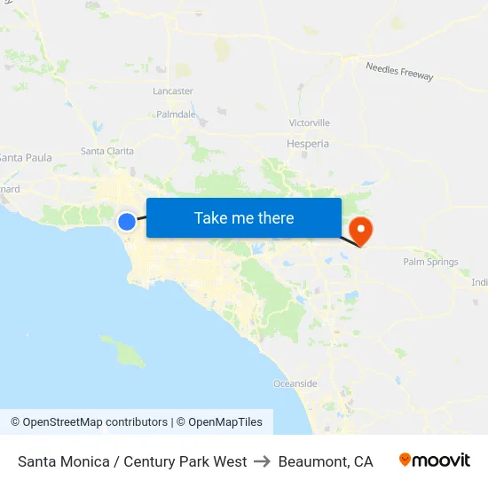 Santa Monica / Century Park West to Beaumont, CA map