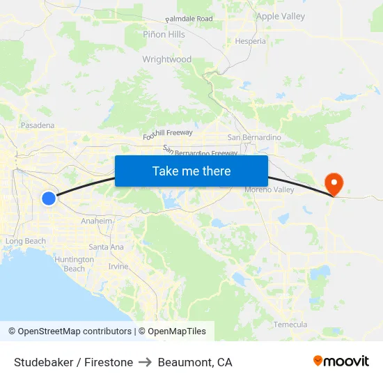 Studebaker / Firestone to Beaumont, CA map