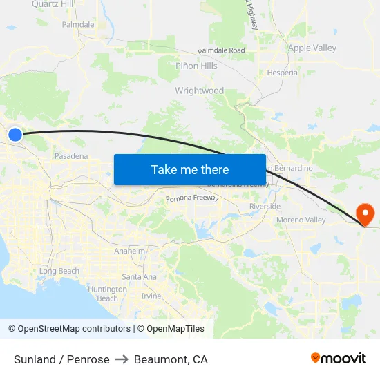 Sunland / Penrose to Beaumont, CA map