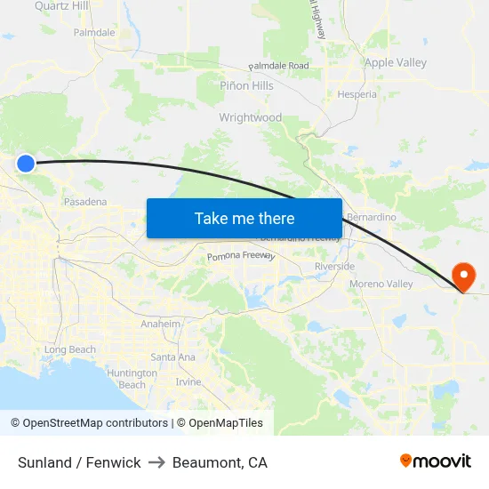 Sunland / Fenwick to Beaumont, CA map