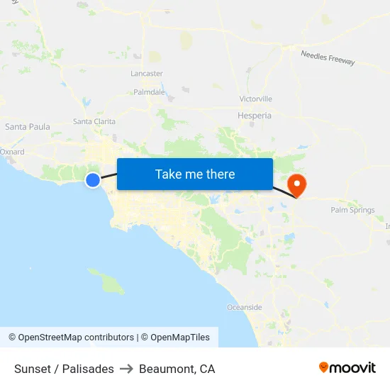 Sunset / Palisades to Beaumont, CA map