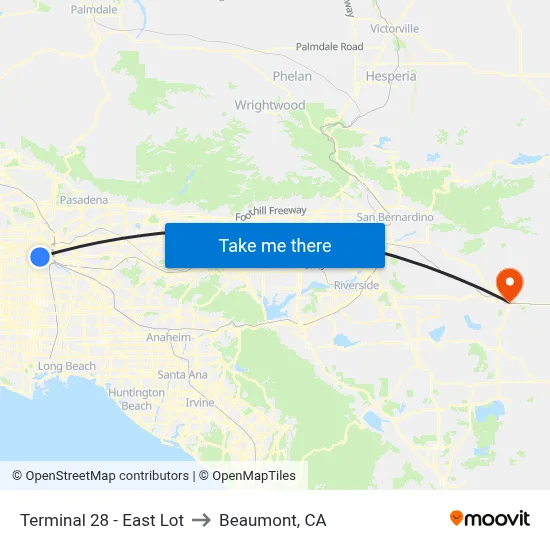 Terminal 28 - East Lot to Beaumont, CA map