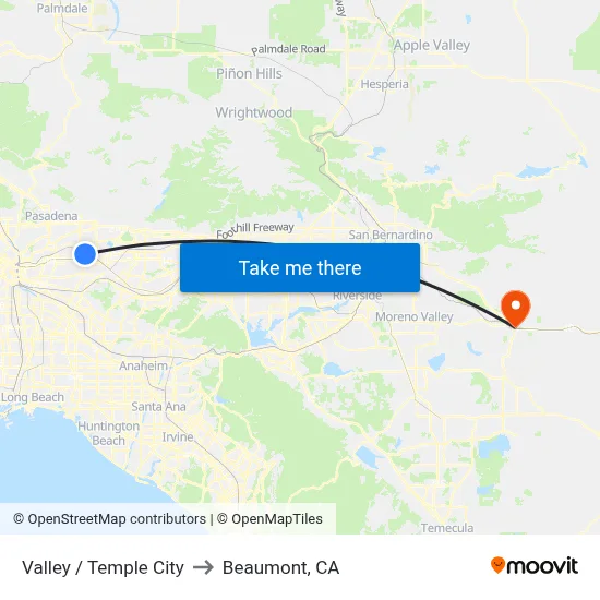 Valley / Temple City to Beaumont, CA map