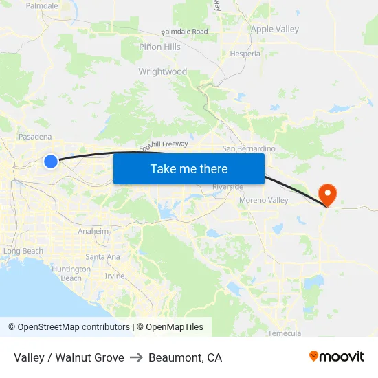 Valley / Walnut Grove to Beaumont, CA map