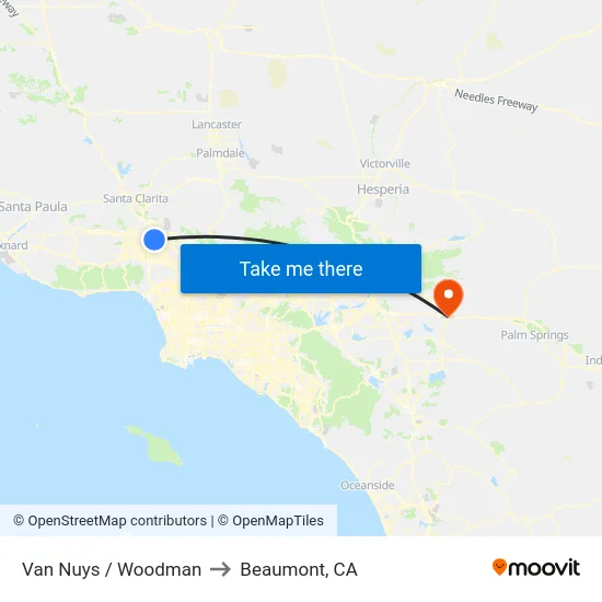 Van Nuys / Woodman to Beaumont, CA map
