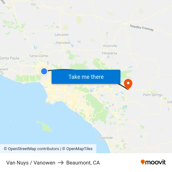 Van Nuys / Vanowen to Beaumont, CA map