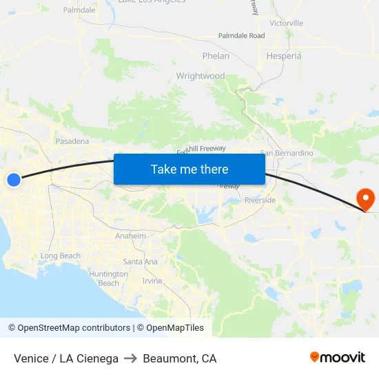 Venice / LA Cienega to Beaumont, CA map