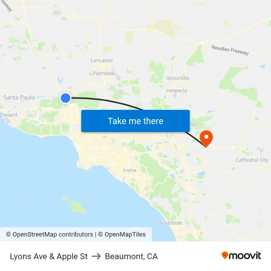 Lyons Ave & Apple St to Beaumont, CA map