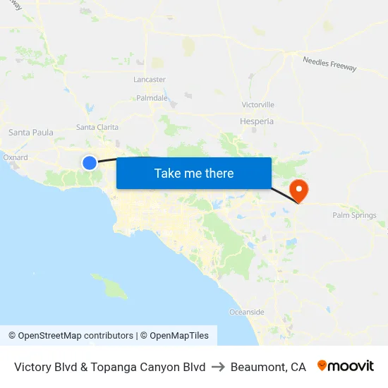Victory Blvd & Topanga Canyon Blvd to Beaumont, CA map