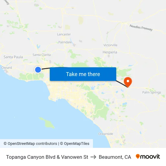Topanga Canyon Blvd & Vanowen St to Beaumont, CA map