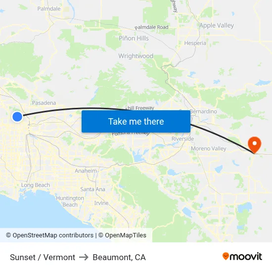 Sunset / Vermont to Beaumont, CA map