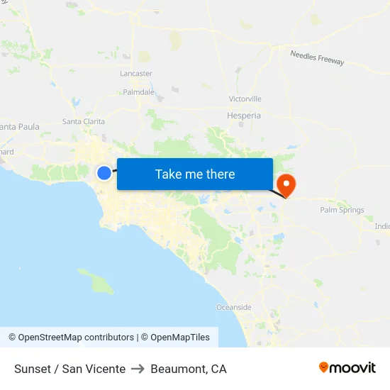 Sunset / San Vicente to Beaumont, CA map