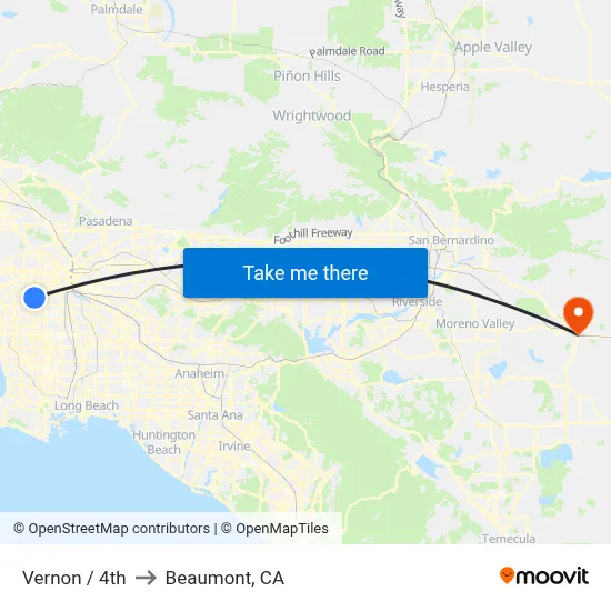 Vernon / 4th to Beaumont, CA map