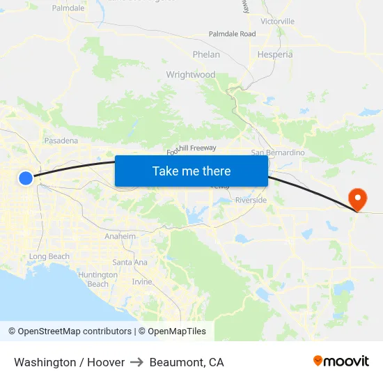 Washington / Hoover to Beaumont, CA map