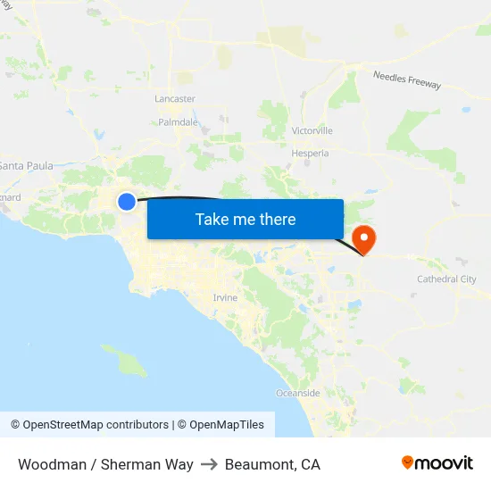 Woodman / Sherman Way to Beaumont, CA map
