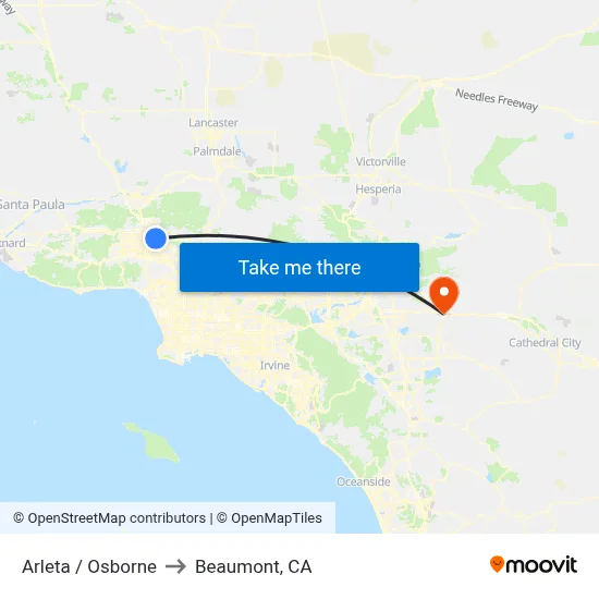 Arleta / Osborne to Beaumont, CA map