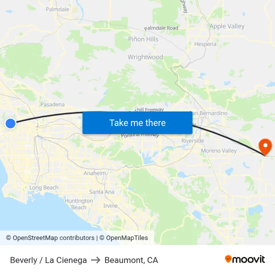 Beverly / La Cienega to Beaumont, CA map