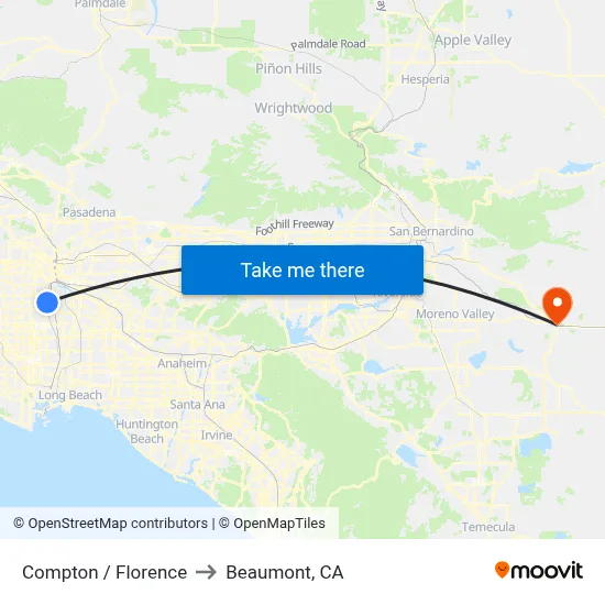Compton / Florence to Beaumont, CA map