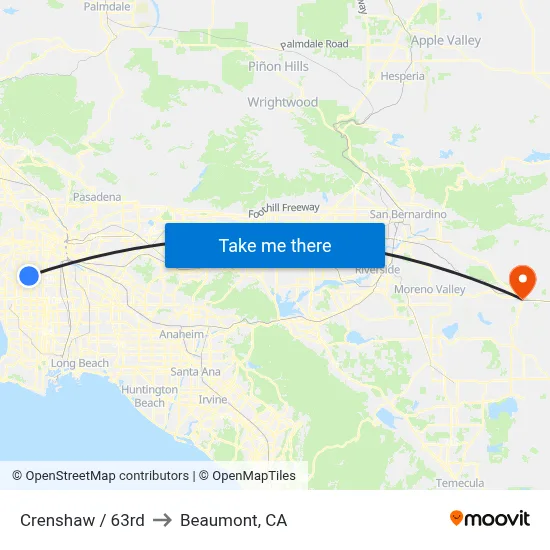 Crenshaw / 63rd to Beaumont, CA map