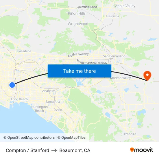 Compton / Stanford to Beaumont, CA map