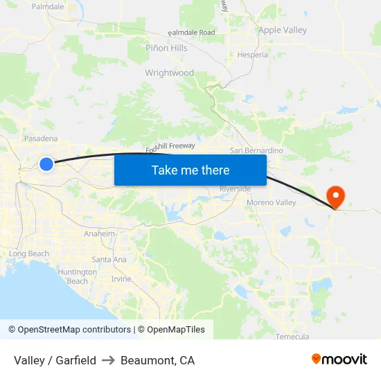 Valley / Garfield to Beaumont, CA map