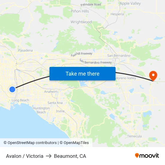 Avalon / Victoria to Beaumont, CA map