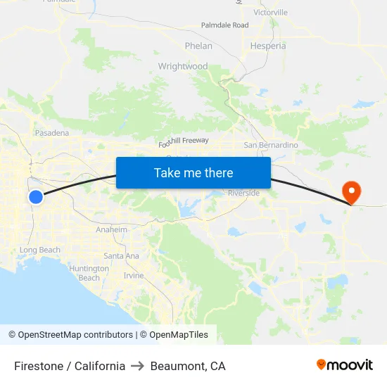 Firestone / California to Beaumont, CA map