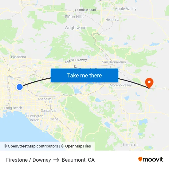 Firestone / Downey to Beaumont, CA map