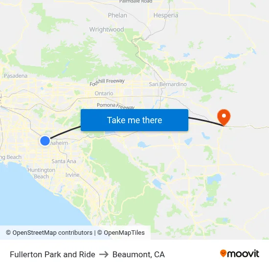Fullerton Park and Ride to Beaumont, CA map