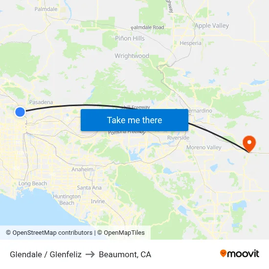 Glendale / Glenfeliz to Beaumont, CA map