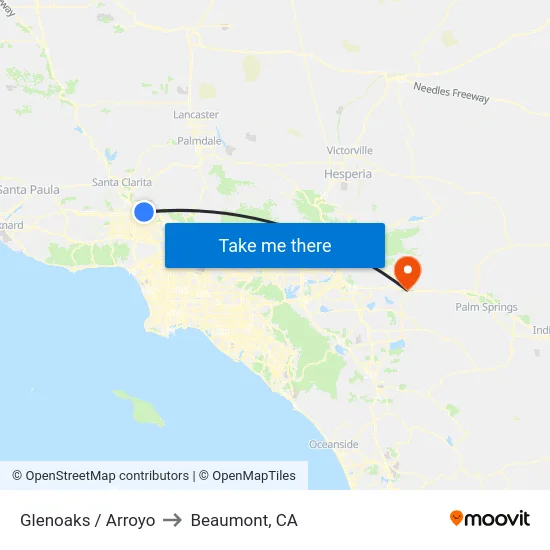 Glenoaks / Arroyo to Beaumont, CA map