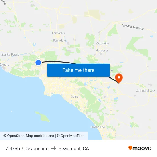 Zelzah / Devonshire to Beaumont, CA map