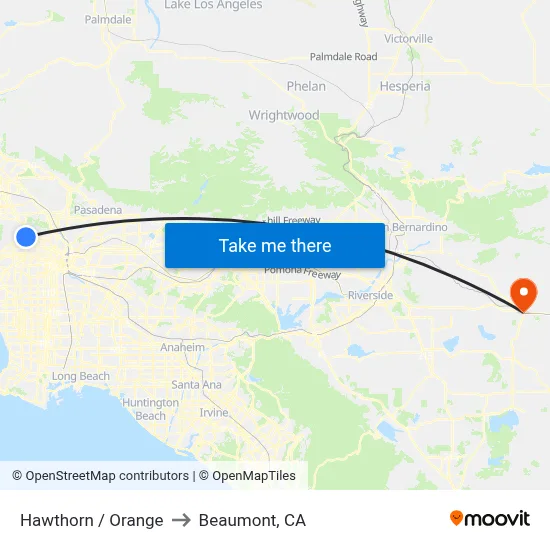 Hawthorn / Orange to Beaumont, CA map