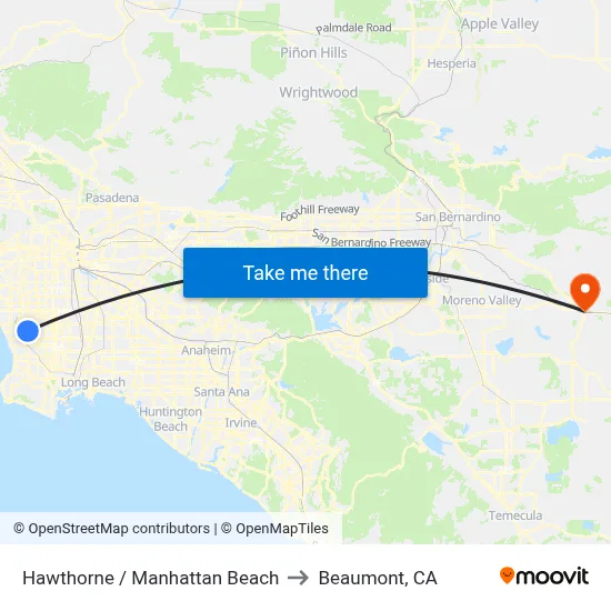 Hawthorne / Manhattan Beach to Beaumont, CA map