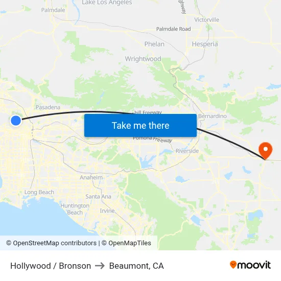 Hollywood / Bronson to Beaumont, CA map
