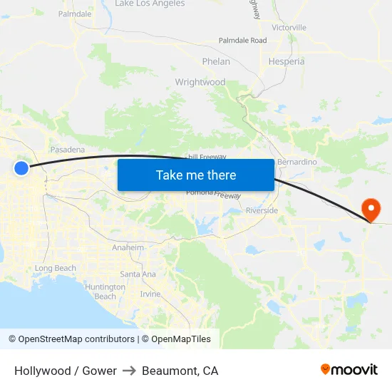 Hollywood / Gower to Beaumont, CA map