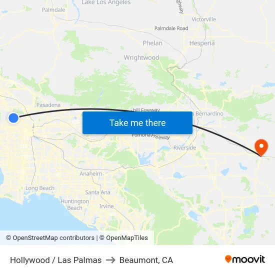 Hollywood / Las Palmas to Beaumont, CA map
