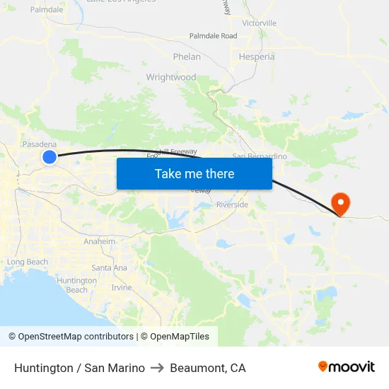 Huntington / San Marino to Beaumont, CA map