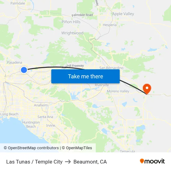 Las Tunas / Temple City to Beaumont, CA map