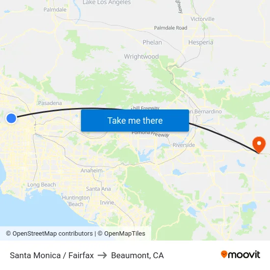 Santa Monica / Fairfax to Beaumont, CA map